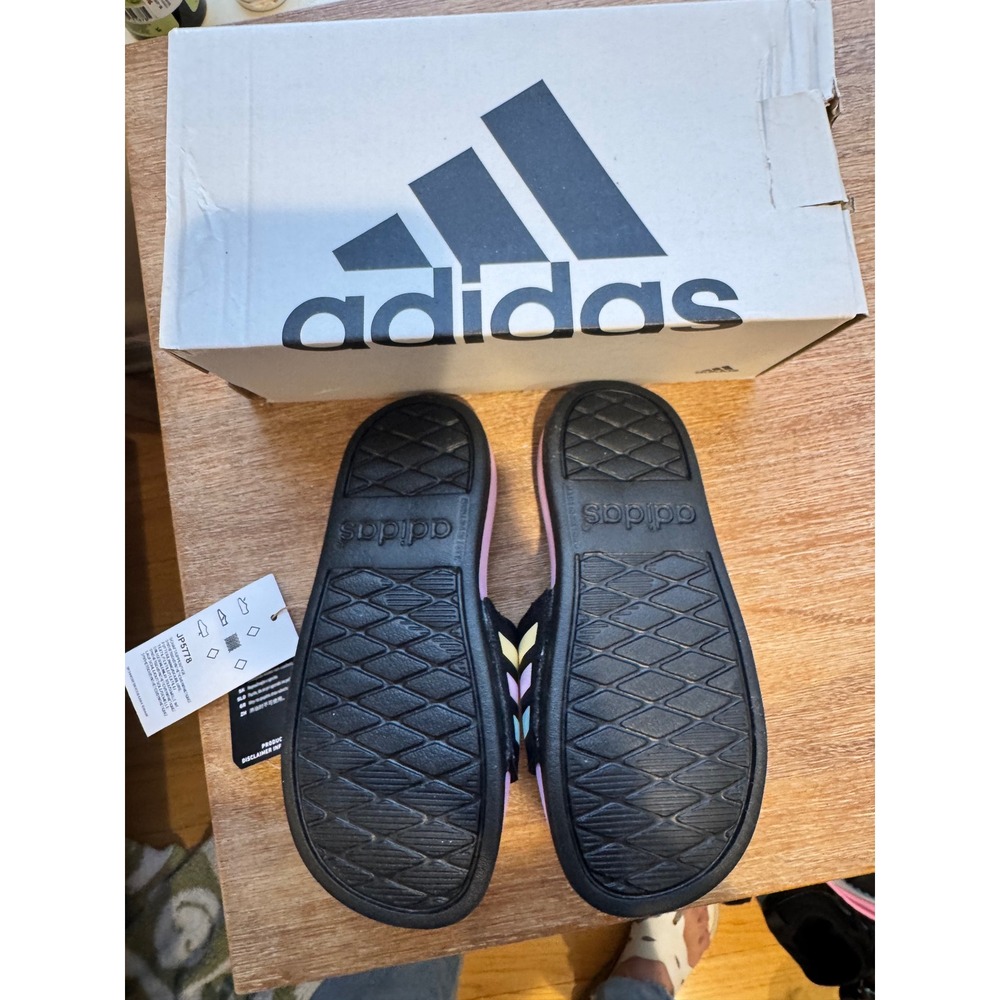 Kids‎ Adidas Adilette Shower Slides Purple Pink Yellow Black Stripe Size 11K - Picture 4 of 4